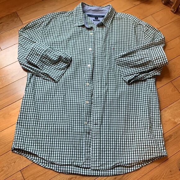 Tommy Hilfigre green + white plaid button up business casual long sleeve shirt - Picture 1 of 11